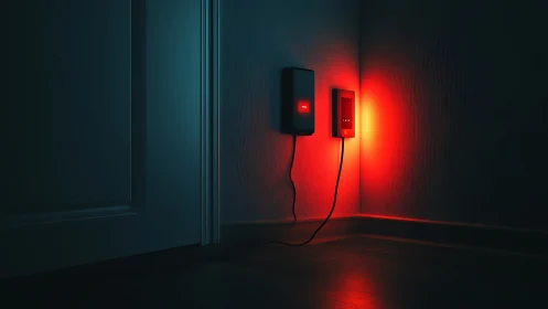 Wall chargers glow red against dark minimalist interior.