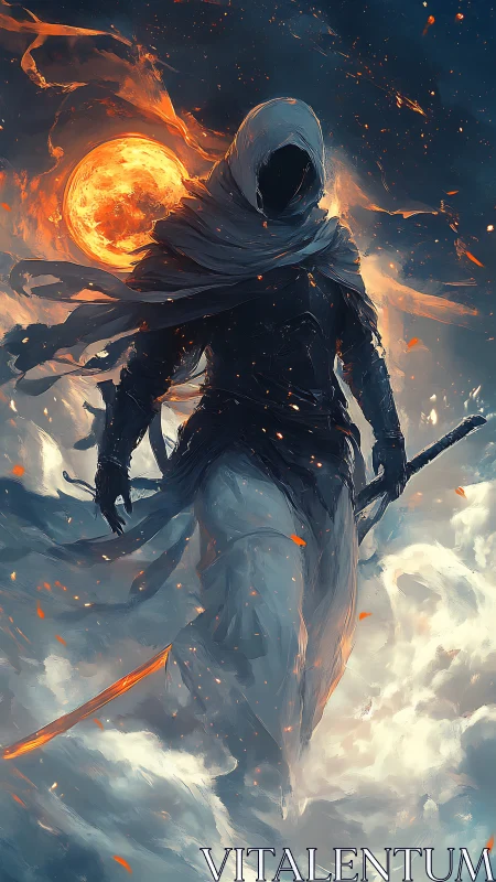 Hooded figure with sword before fiery moon in clouds.