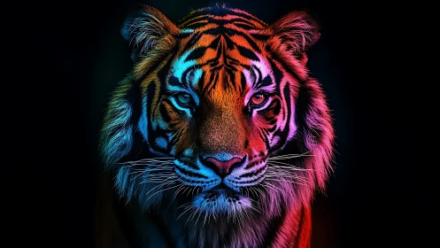 Neon-lit tiger portrait with intense symmetrical gaze.