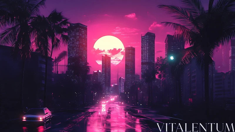 Neon-soaked retrofuturist skyline under oversized synthetic sun.