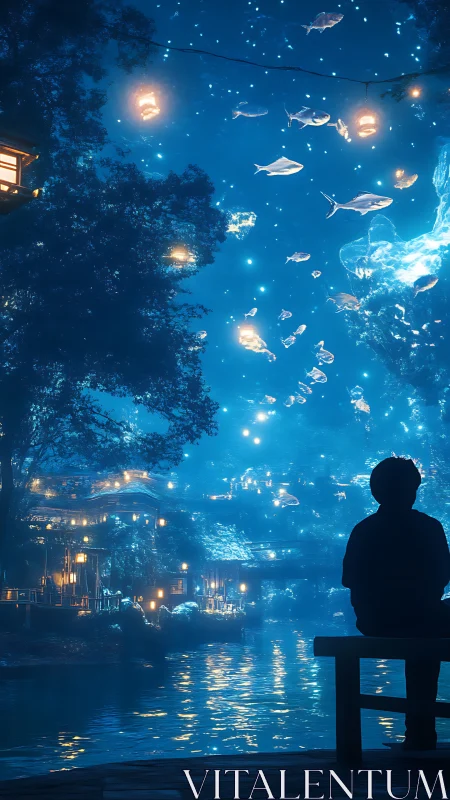 Silhouette watching luminous fish drift above river village.