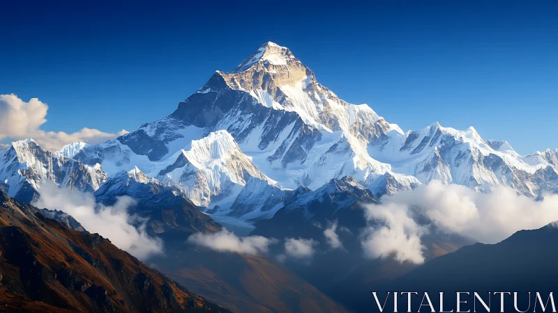 High-altitude snow-covered mountain massif under clear blue sky