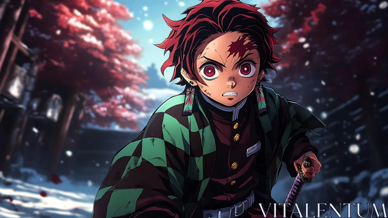 Determined anime swordsman in snowy red forest scene.