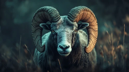 Stoic ram with massive curved horns in wild habitat.