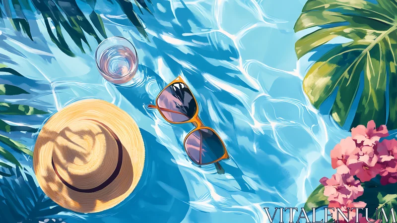 Summer poolside still life with hat, sunglasses, water.
