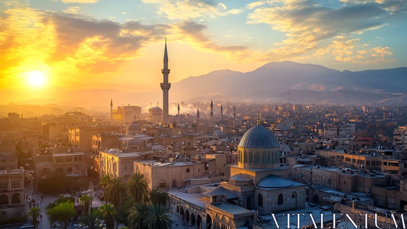 Urban skyline with mosque domes under low sun at horizon