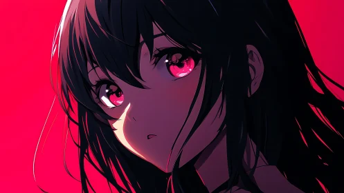 Anime portrait captures reflective gaze under neon red lighting