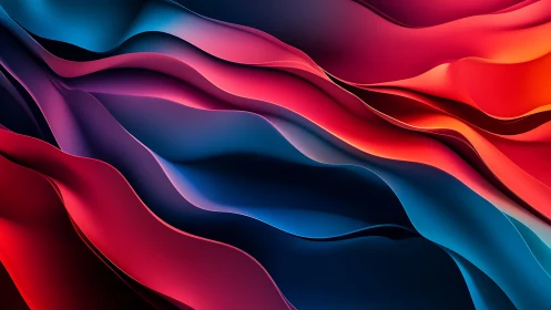 Vibrant 3D wave ribbons in red and blue gradient motion.