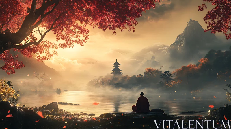 Solitary monk observes misty pagoda across autumnal lake