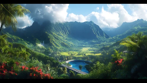 Sunlit tropical valley and lagoon bridge invite tranquil escape
