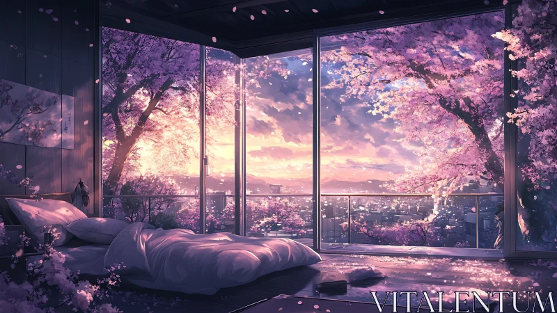 Sunlit bedroom overlooks cherry blossoms above quiet city