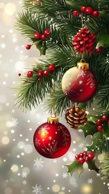 Red ornaments and pine cones on decorated Christmas branch.