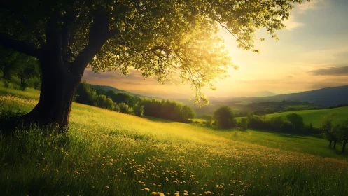 Backlit hillside meadow under golden hour radiative sunlight.
