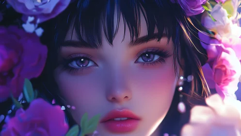 Digital portrait shows stylized female face framed by flowers