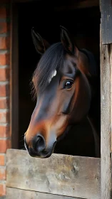 High-detail bay horse head emerging from stable doorway in soft light