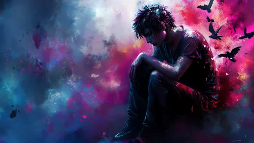 Solitary dreamer curls inside storm-bright neon twilight