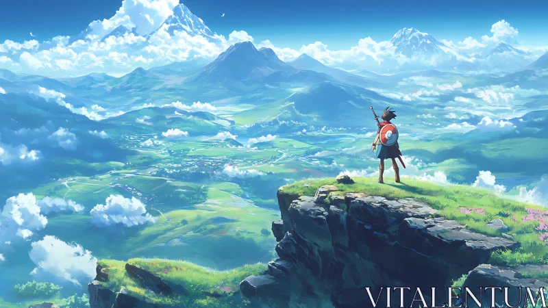 Heroic figure overlooking expansive sunlit valley vista.