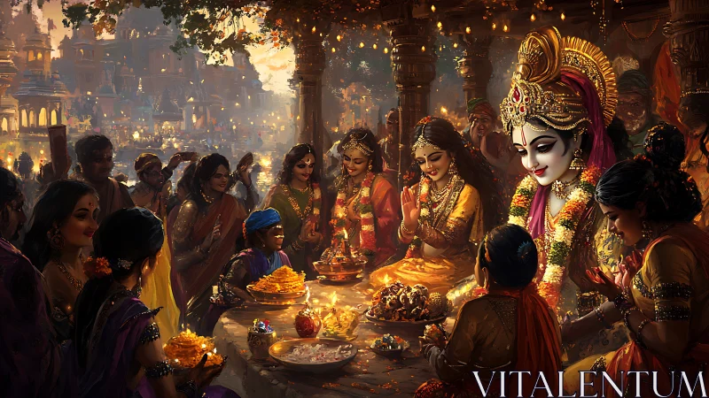 Crowded evening ritual scene with central adorned figure.