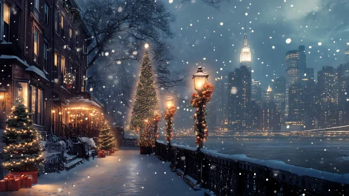 Cozy city waterfront glowing with magical holiday lights.