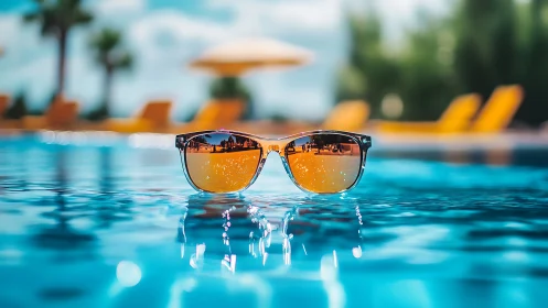 Sunglasses floating on clear blue pool water at resort