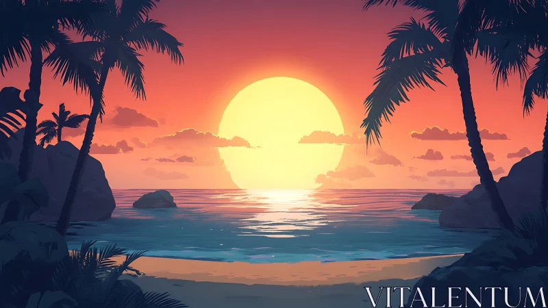 Tropical shoreline sunset with stylized palm silhouettes.