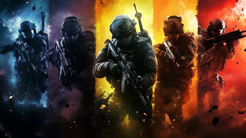 Tactical soldiers advancing through vivid chromatic smoke.