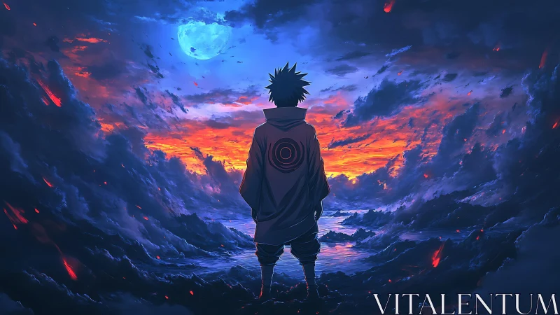 Lone ninja watches burning horizon beneath electric moon.