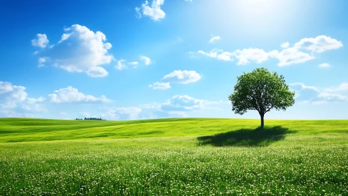 Solitary tree conducts sunlight over rolling green waves