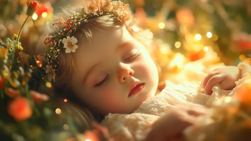 Child rests peacefully adorned in floral crown.