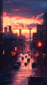 Rain-soaked Seattle street glows beneath a blazing sunset.