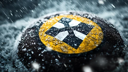 Bitcoin Symbol Encased in Winter Snow and Rainfall.