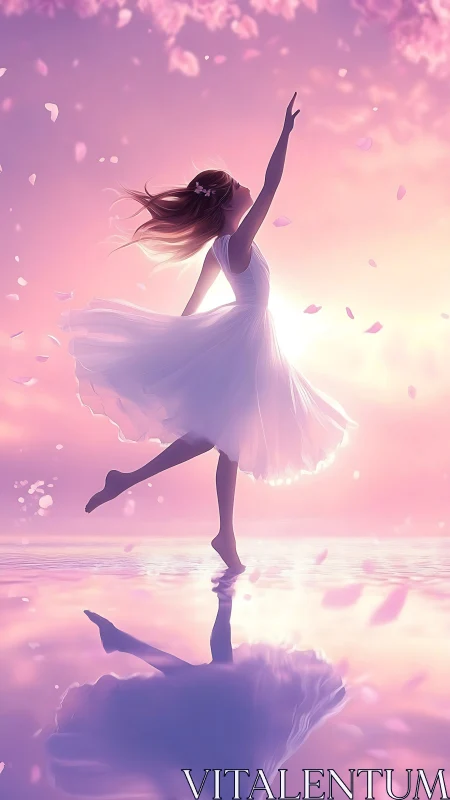 Petalkissed ballerina twirls across a pastel dreamlake.