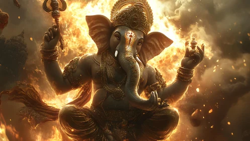 Flame-lit elephant-headed deity in dynamic celestial suspension.