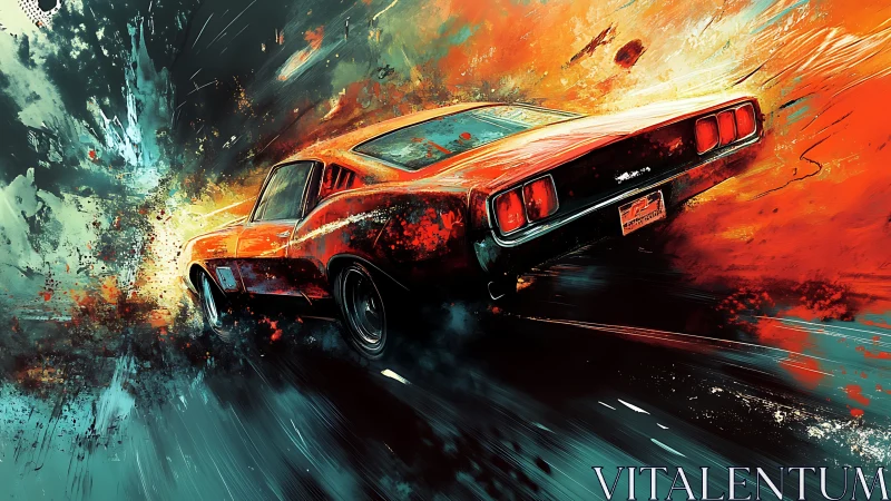 Dynamic muscle car digital painting with explosive motion blur.