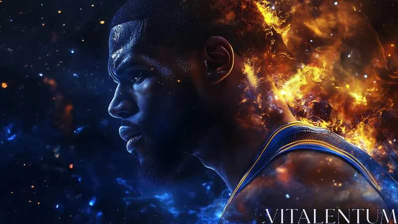 Cosmic-lit athlete portrait with fiery nebula energy field.