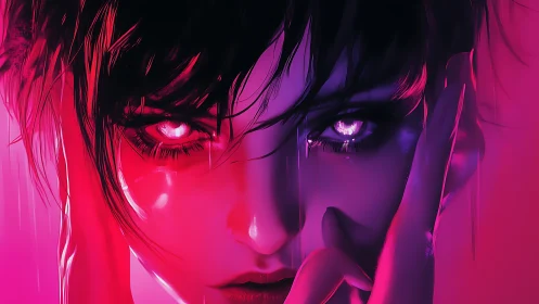 Intense neon portrait shows stylized face with glowing eyes