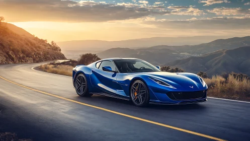 Sunlit blue supercar poised on winding mountain highway.