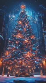 Tall illuminated Christmas tree in snowy cathedral square