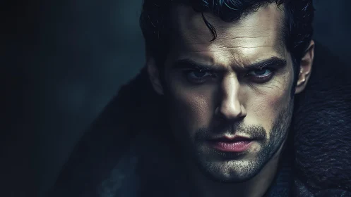 Intense portrait gazes through cool shadows with quiet power