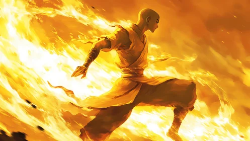 Monk firebender strides through roaring golden flames of power