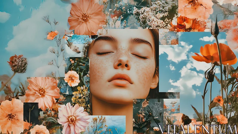 Freckled portrait integrated with floral sky collage geometry.