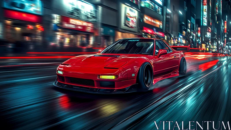 Red modified sports car drifts through wet neon city street