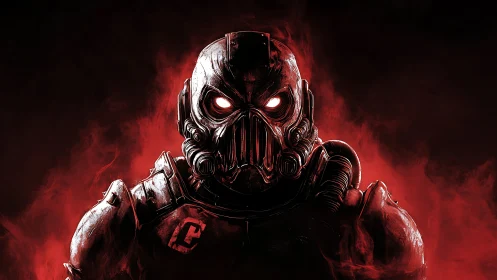 Armored infernal exosuit with illuminated respirator mask.