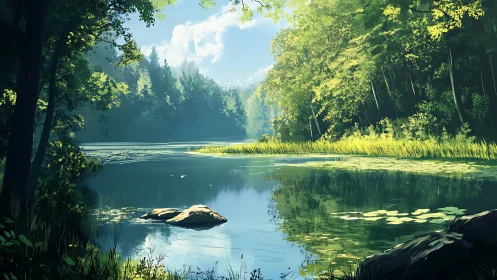 Sunlit forest lagoon whispering in mirrored greens.