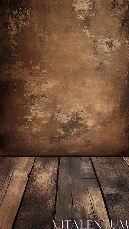 Weathered wooden stage beneath a timeworn sepia wall.