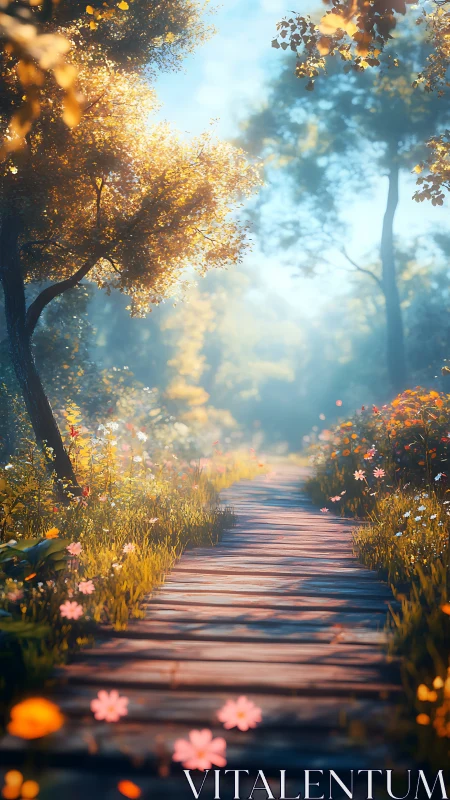 Sunlit woodland boardwalk drifting into blossom-soft haze.