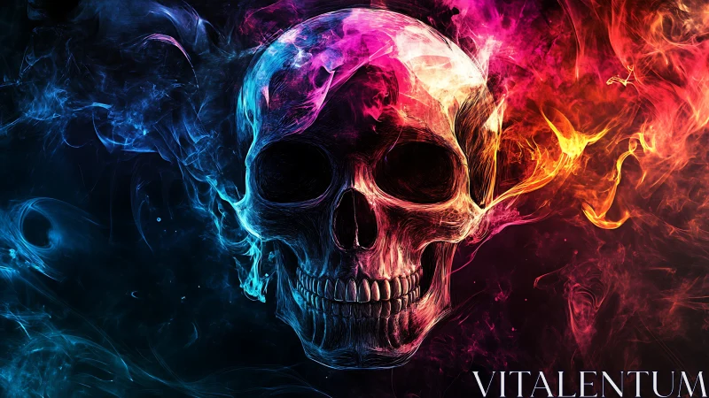 Vibrant neon skull emerges from swirling cosmic flames