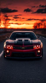 Muscle car charges forward under blazing sunset sky.