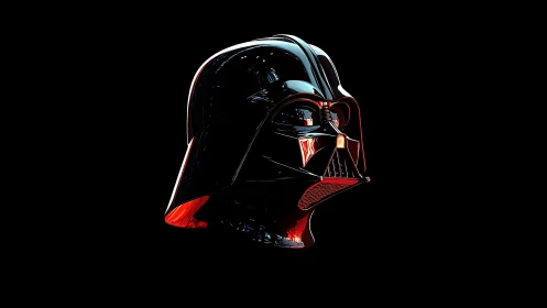 Dark sci‑fi helmet glows with red highlights on black void