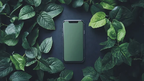 Minimal smartphone centered in lush botanical frame.